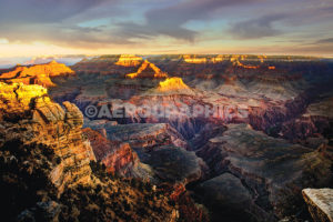 shortly after sunrise, looking west from Mather Point. View of Osiris Temple and Point Sublime